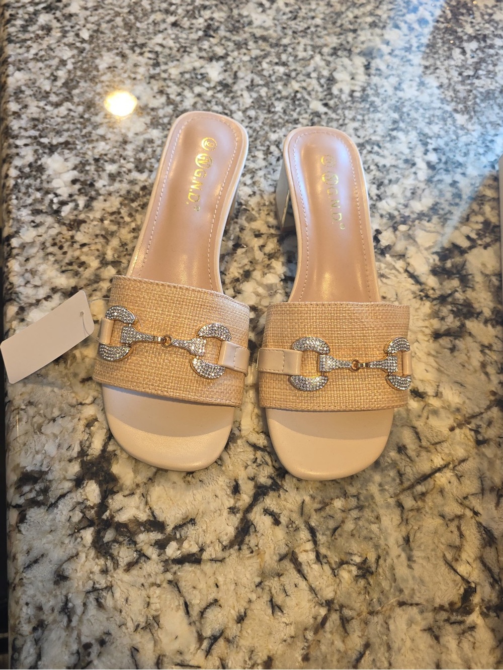 Beige Raffia Slide Mules with Rhinestone Bit Accent